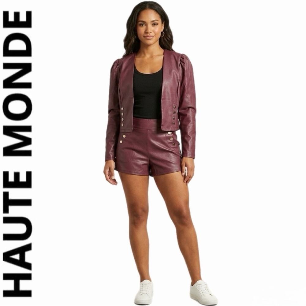 Haute Monde Faux Leather Shorts Set Burgundy Maroon Small NWT Edgy Night Out